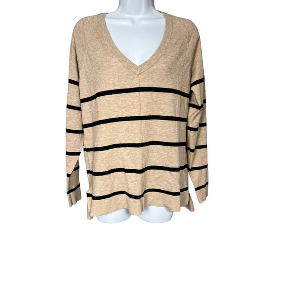 Bobeau Tan Black Striped V-Neck Hi-Low Sweater M - Picture 2 of 16